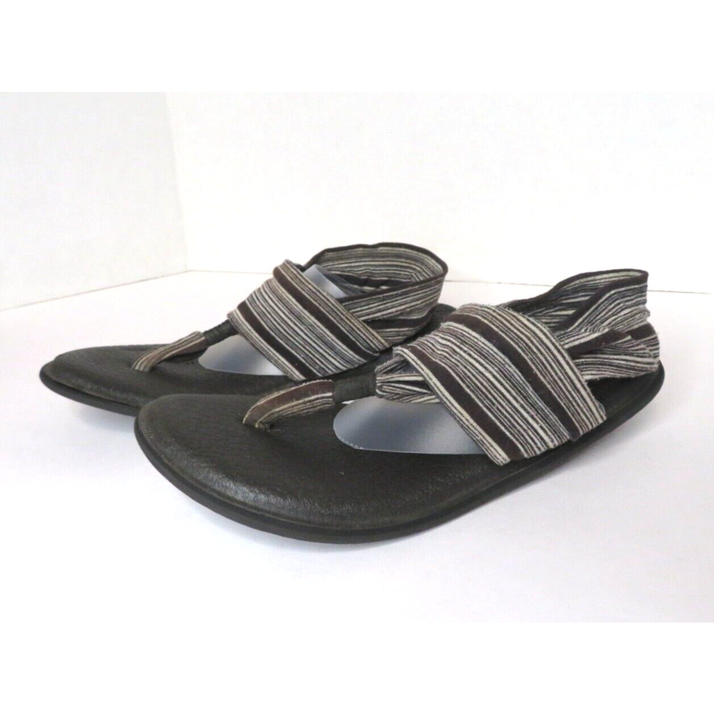 Sanuk Women's Yoga Sling Sandals Flip Flop Black Gray Stripe Fabric - Size 8